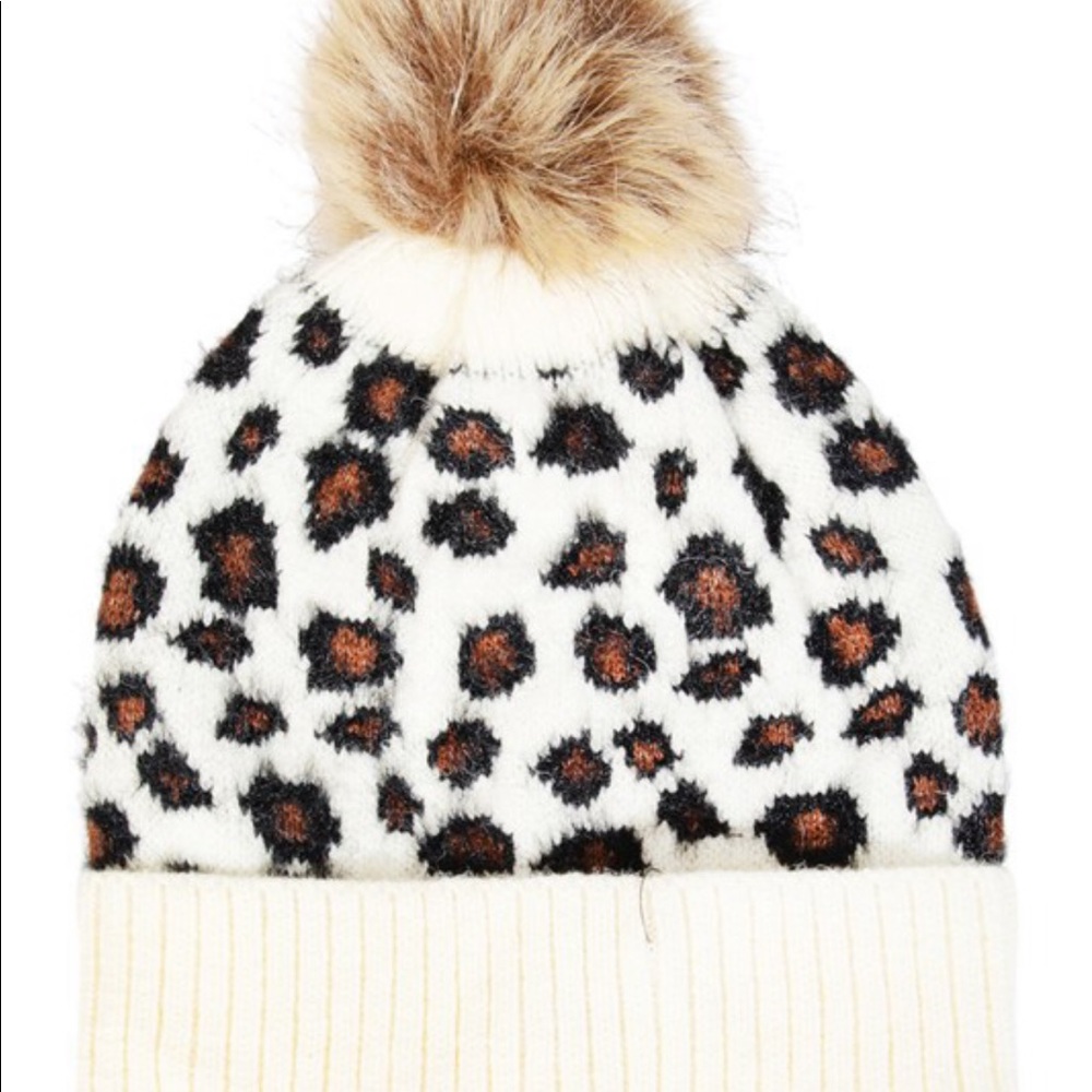 Animal Print Pom Beanie-Ivory